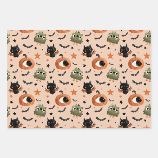 Spooky Schattigee Pumpkin Ghost Bat Pattern Hallow Inpakpapier Vel (Voorkant)