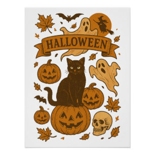 Spooky Schattigee Retro Halloween Black Cat Pumpki Perfect Poster