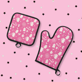 Spooky Schattigee roze en witte Halloween Ovenwant & Pannenlap Set
