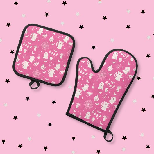 Spooky Schattigee roze en witte Halloween Ovenwant & Pannenlap Set