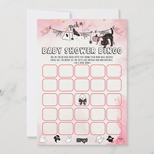Spooky-Schattigee Roze & Zwart Baby shower Bingo G Kaart (Voorkant)