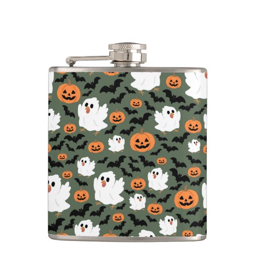 Spooky Schattigee spookkippen met pompoenen en vle Heupfles (Voorkant)