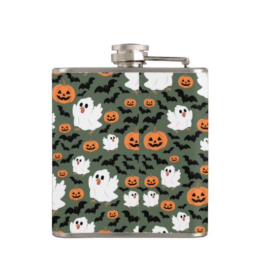 Spooky Schattigee spookkippen met pompoenen en vle Heupfles (Achterkant)