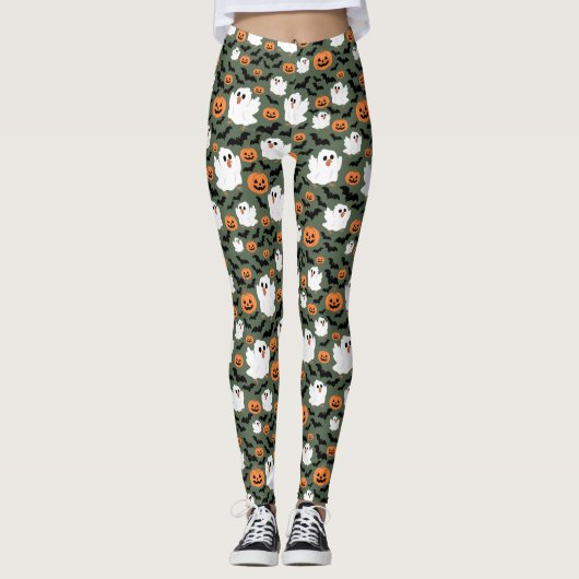 Spooky Schattigee spookkippen met pompoenen en vle Leggings (Voorkant)