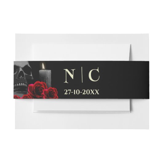 Spooky schedel en rode rozen Halloween bruiloft bu Uitnodigingen Wikkel (Voorkant Voorbeeld)