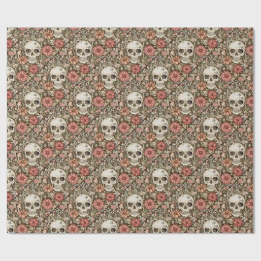 Spooky schedels & rode bloemen cadeaupapier (Vlak)