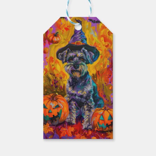 Spooky Schnauzer Hond Halloween Heks en Pompoen Cadeaulabel (Voorkant)
