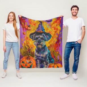 Spooky Schnauzer Hond Halloween Heks en Pompoen Fleece Deken