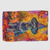 Spooky Schnauzer Hond Halloween Heks en Pompoen Golfhanddoek (Horizontaal)