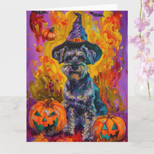 Spooky Schnauzer Hond Halloween Heks en Pompoen Kaart (Orchidee)