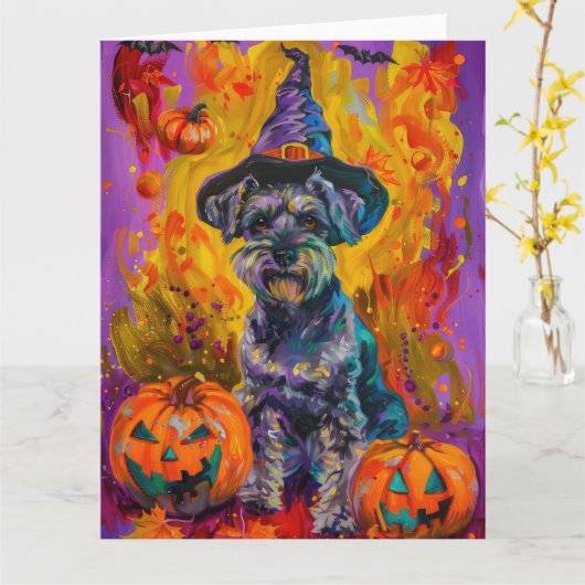 Spooky Schnauzer Hond Halloween Heks en Pompoen Kaart (Gele Bloem)