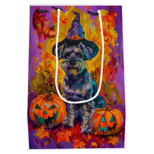 Spooky Schnauzer Hond Halloween Heks en Pompoen Medium Cadeauzakje (Achterkant)