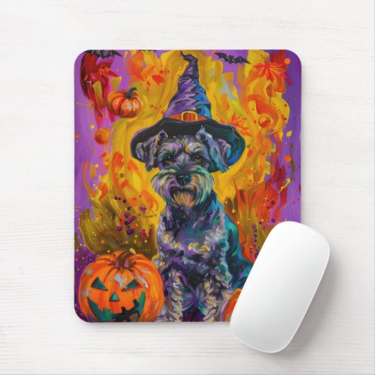 Spooky Schnauzer Hond Halloween Heks en Pompoen Muismat (Met muis)