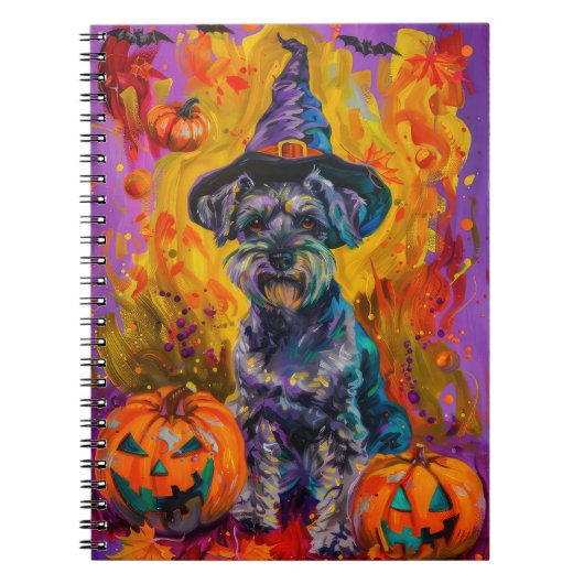 Spooky Schnauzer Hond Halloween Heks en Pompoen Notitieboek (Voorkant)