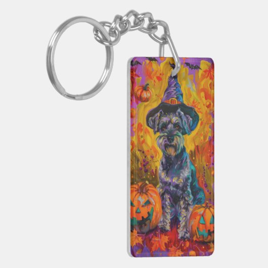 Spooky Schnauzer Hond Halloween Heks en Pompoen Sleutelhanger (Voorkant Links)