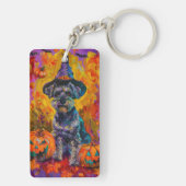 Spooky Schnauzer Hond Halloween Heks en Pompoen Sleutelhanger (achterkant)