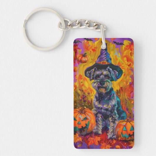 Spooky Schnauzer Hond Halloween Heks en Pompoen Sleutelhanger (Voorkant)