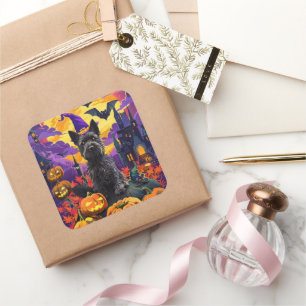 Spooky Schotse Terriër Halloween Witch Pumpkin Vierkante Sticker