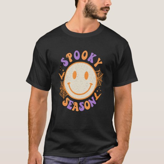 Spooky Season Cute Happy Face Halloween Retro Vin T-shirt (Voorkant)
