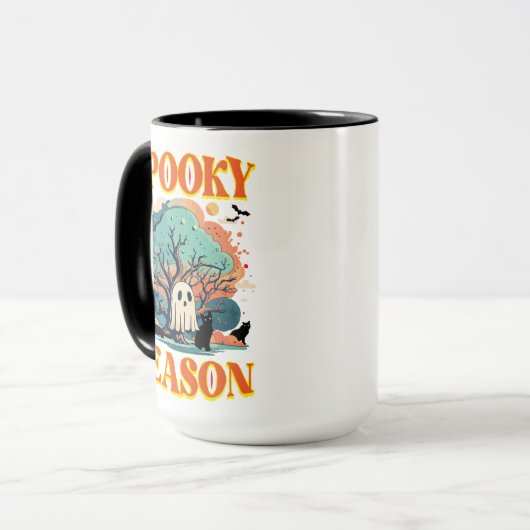 Spooky Season Ghost & Black Cat Halloween Design Mok (Voorkant links)