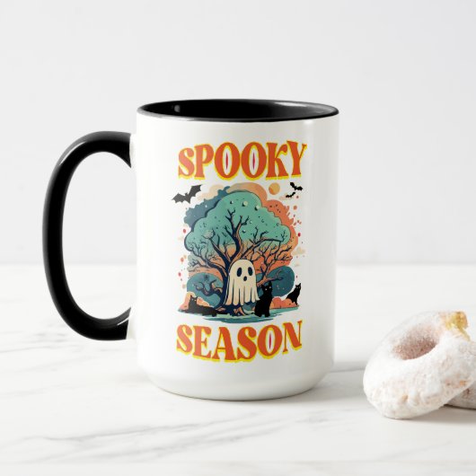 Spooky Season Ghost & Black Cat Halloween Design Mok (Met donut)