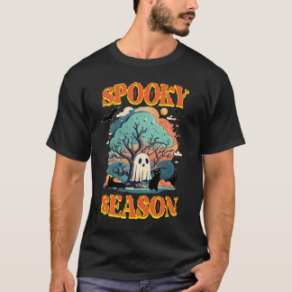 Spooky Season Ghost & Black Cat Halloween Design T-shirt