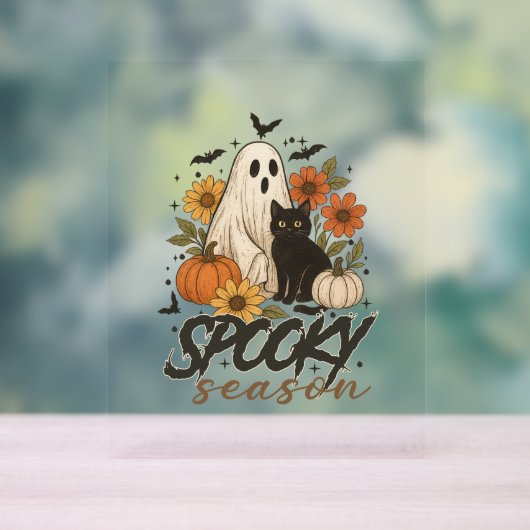 Spooky Season Ghost Retro Spooky Bloemen Halloween Acryl Bord (Neutraal)