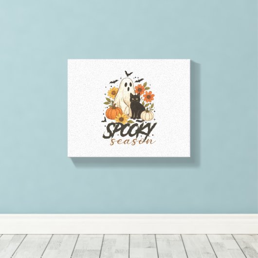 Spooky Season Ghost Retro Spooky Bloemen Halloween Canvas Afdruk (Insitu (Houten vloer))