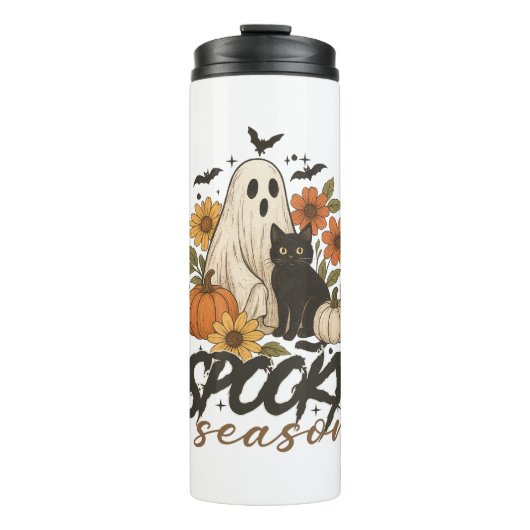 Spooky Season Ghost Retro Spooky Bloemen Halloween Thermosbeker (Voorkant)