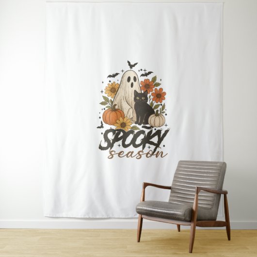 Spooky Season Ghost Retro Spooky Bloemen Halloween Wandkleed (In situ)