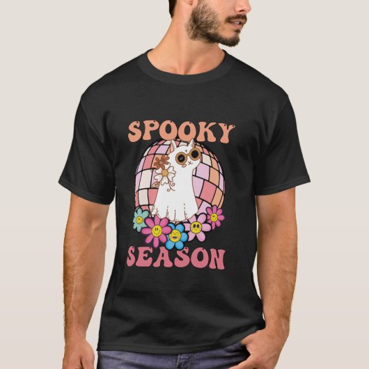 Spooky Season Groovy Ghost Cat Retro Hallo T-shirt (Voorkant)