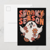 Spooky Season Groovy Ghost met  bloemen Ho Feestdagenkaart (Voorkant / Achterkant)