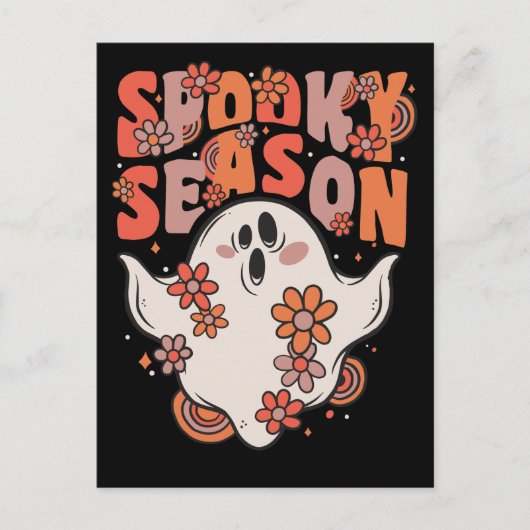 Spooky Season Groovy Ghost met  bloemen Ho Feestdagenkaart (Voorkant)