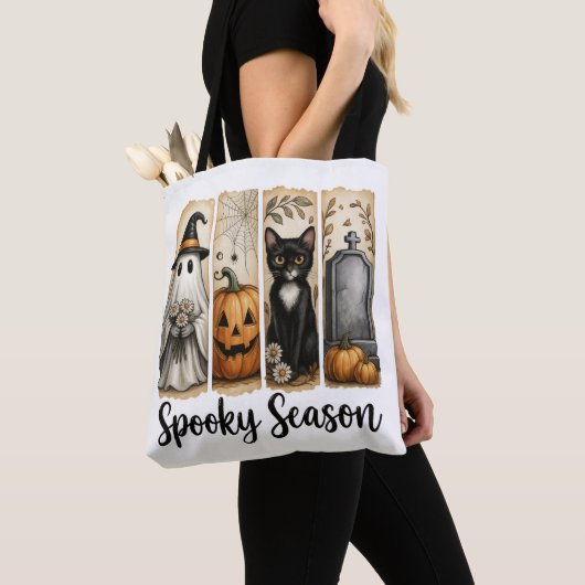 Spooky Season Halloween Black Cat, Ghost, Pumpkin  Tote Bag (Dichtbij)