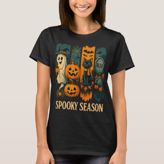 Spooky Season Halloween - Ghost, Pumpkins, Cat T-shirt (Voorkant)