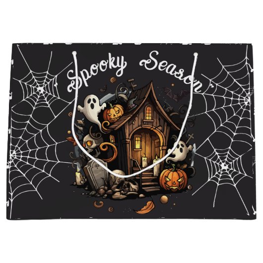 👻 Spooky Season Haunted House zwarte geschenktas Groot Cadeauzakje (Voorkant)