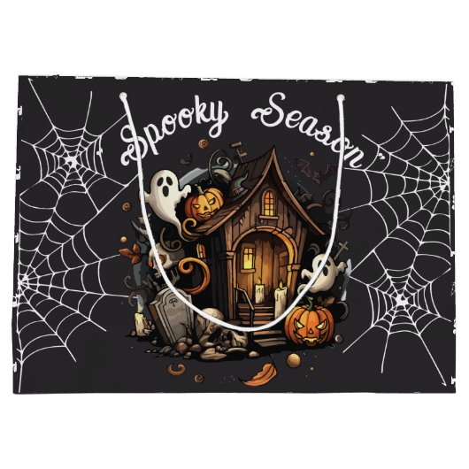 👻 Spooky Season Haunted House zwarte geschenktas Groot Cadeauzakje (Achterkant)