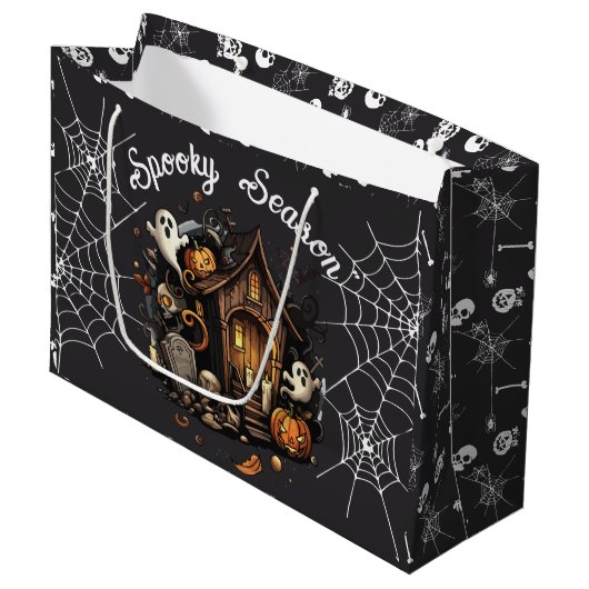 👻 Spooky Season Haunted House zwarte geschenktas  Groot Cadeauzakje (Voorkant Gekanteld)