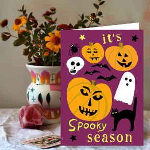 Spooky Season Pumpkins Ghost Bat HAPPY HALLOWEEN Kaart