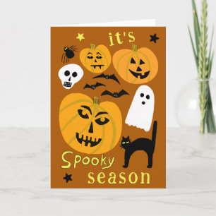 Spooky Season Pumpkins Ghost Bat HAPPY HALLOWEEN Kaart