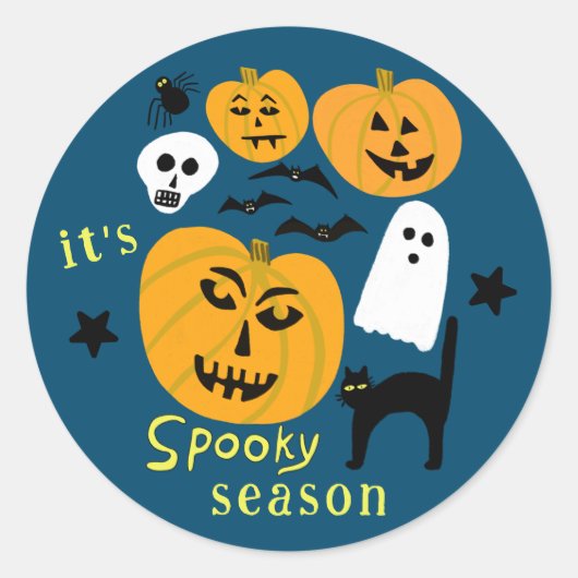 Spooky Season Pumpkins Ghost Bat HAPPY HALLOWEEN Ronde Sticker (Voorkant)