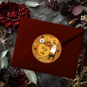 Spooky Season Pumpkins Ghost Bat HAPPY HALLOWEEN Ronde Sticker