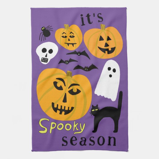 Spooky Season Pumpkins Ghost Bat HAPPY HALLOWEEN Theedoek (Verticaal)