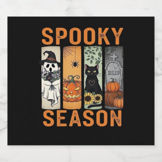 Spooky Season � Schattige Ghost, Black Cat, Pumpki Sparkling Wijnetiket (Enkel label)