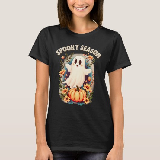 Spooky Season Schattige Ghost Floral Retro T-shirt (Voorkant)