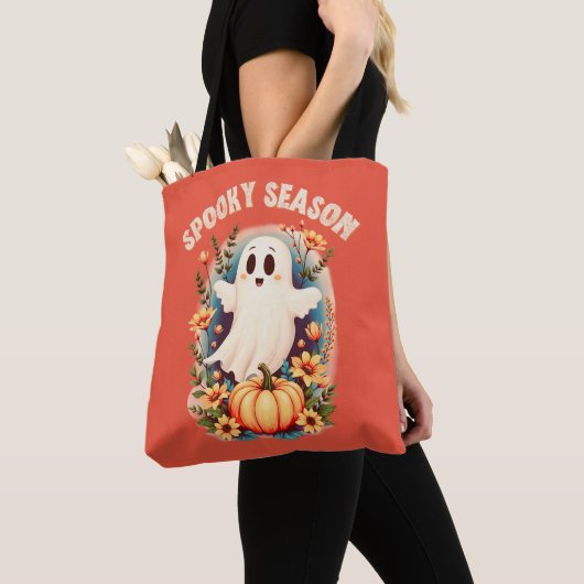 Spooky Season Schattige Ghost Floral Retro Tote Bag (Dichtbij)
