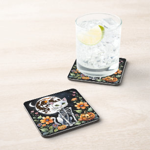Spooky Season Skeleton Cat Floral Halloween Bier Onderzetter
