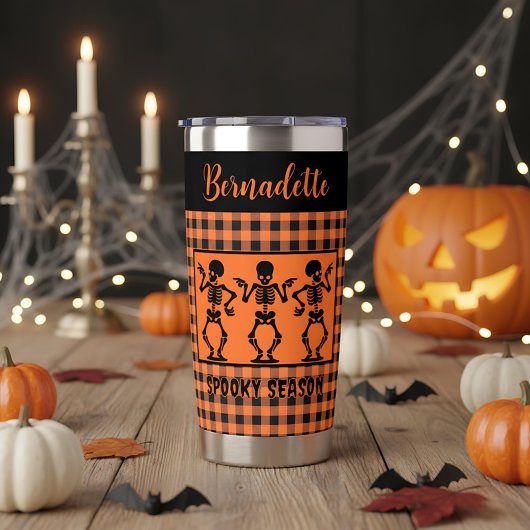 Spooky Season Skeleton Trio Orange & Black Plaid  Geïsoleerde Drinkbeker