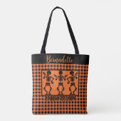 Spooky Season Skeleton Trio Orange & Black Plaid Tote Bag (Achterkant)