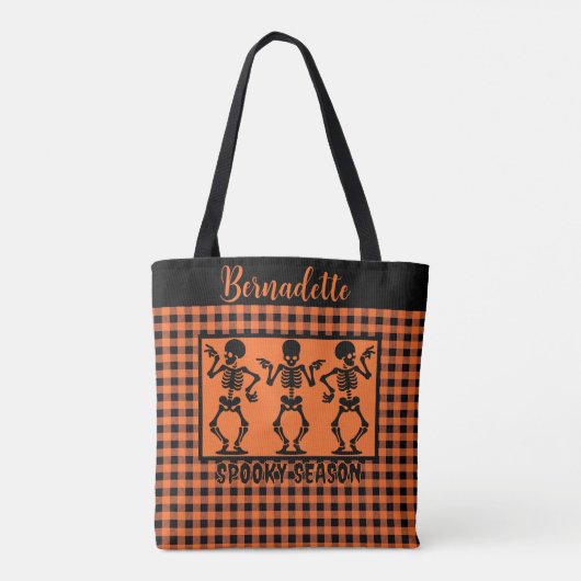 Spooky Season Skeleton Trio Orange & Black Plaid Tote Bag (Achterkant)